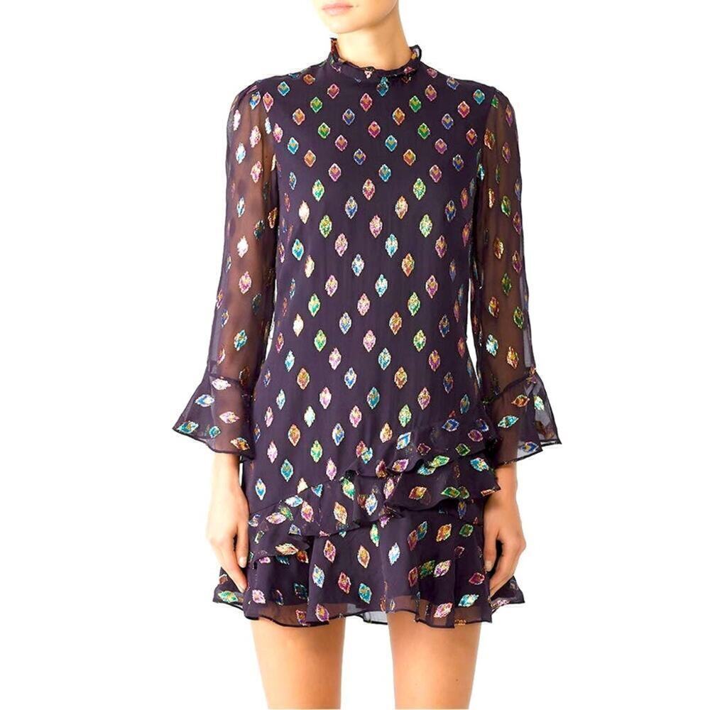 SALONI Silk Fil Coupe Marissa Mini Dress in Black Rainbow. * Read